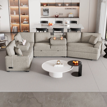 L-Shaped Sofa Sectional Sofa Couch Pull-Out Sofa Bed With Charging Devices And Cup Holders For Living Room - Beige