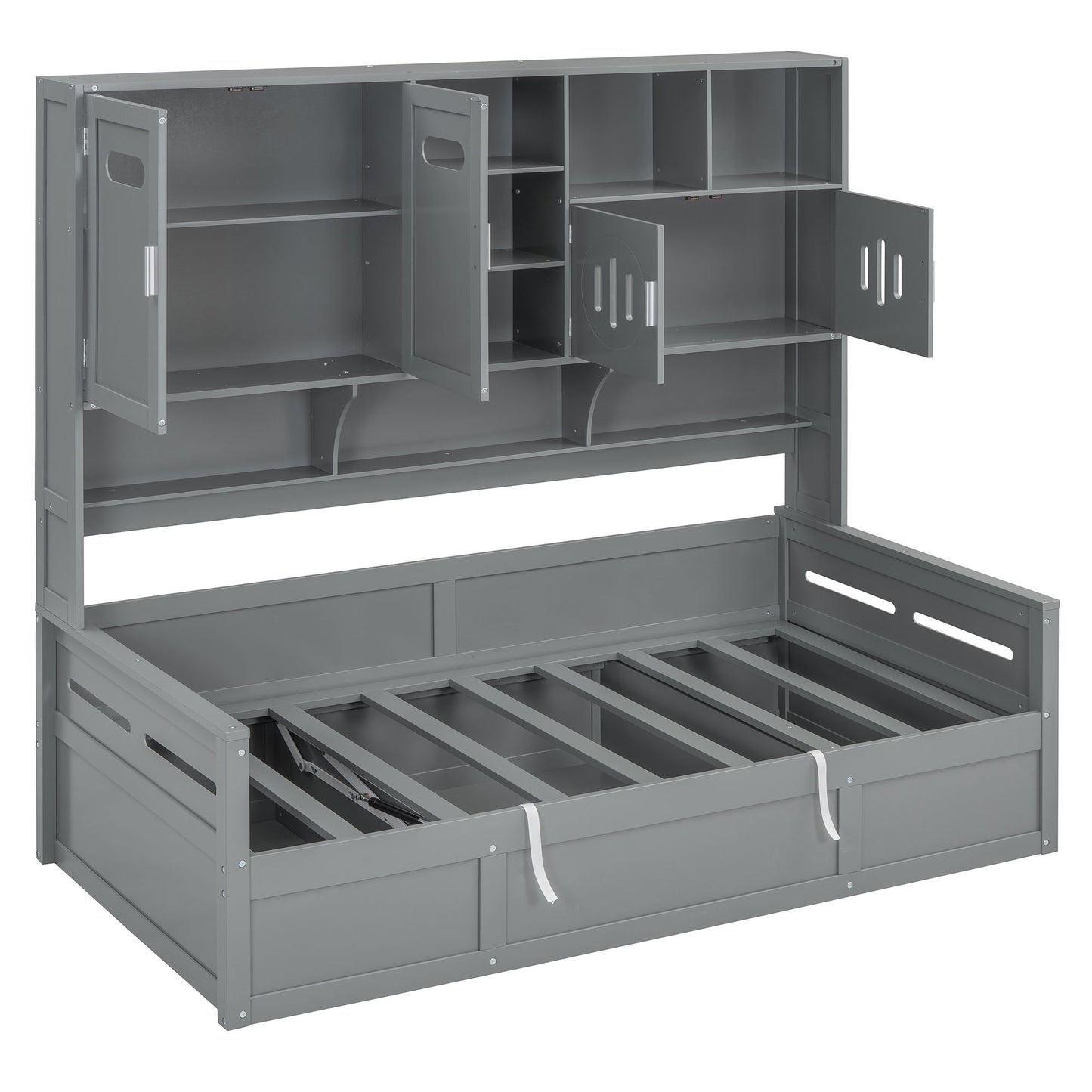 Twin Size Wooden Daybed With Hydraulic Bed And All In One Cabinet And Shelf - Gray
