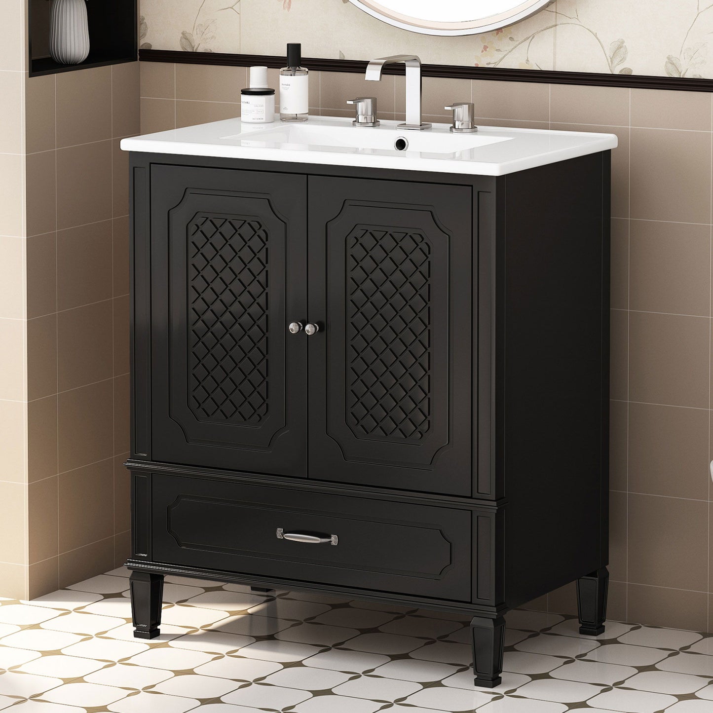 Vintage Style 30" Bathroom Vanity With Sink, Multi Functional Storage, Soft Closing Door - Black