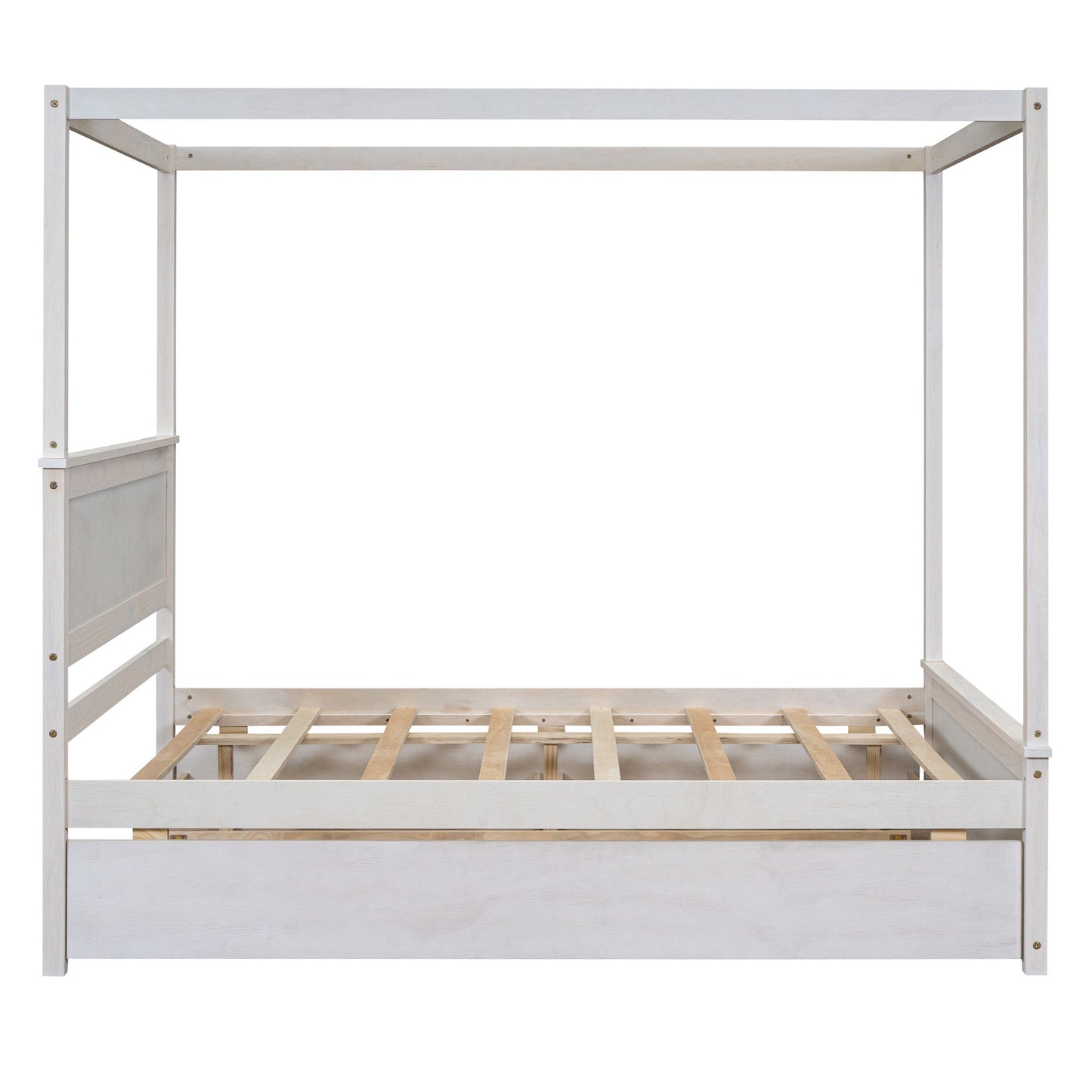 Full Size Canopy Platform Bed With Trundle Bed And 2 Drawers, Support Slats, No Box Spring Needed - Brushed White