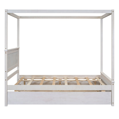 Full Size Canopy Platform Bed With Trundle Bed And 2 Drawers, Support Slats, No Box Spring Needed - Brushed White