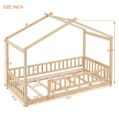 Twin Size Bed House Bed Frame With Fence - Natural