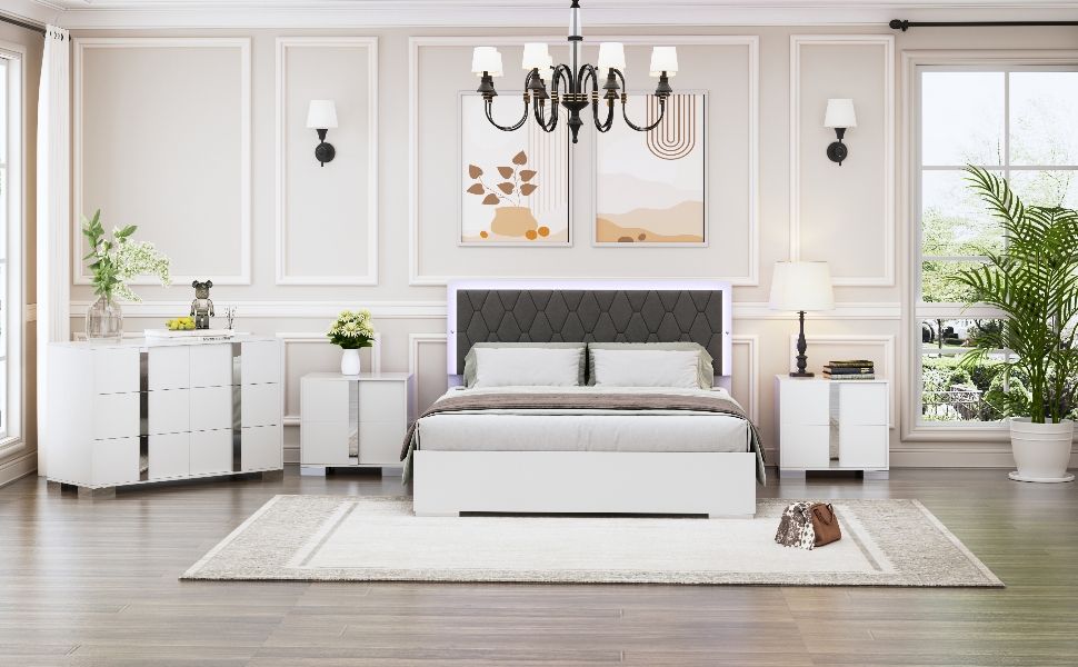 4 Piece Bedroom Sets Queen Size Upholstered Bed With LED Lights, Mirrored Nightstands And Dresser With Metal Handles And Legs - White