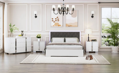 4 Piece Bedroom Sets Queen Size Upholstered Bed With LED Lights, Mirrored Nightstands And Dresser With Metal Handles And Legs - White