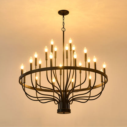 24 Light Chandelier Industrial Iron Candle Chandelier Modern Suspended Farmhouse Chandeliers Pendant Light Fixtures For Dining Room Bedroom Living Room Kitchen Island Foyer E12 Bulb (No Include) - Black