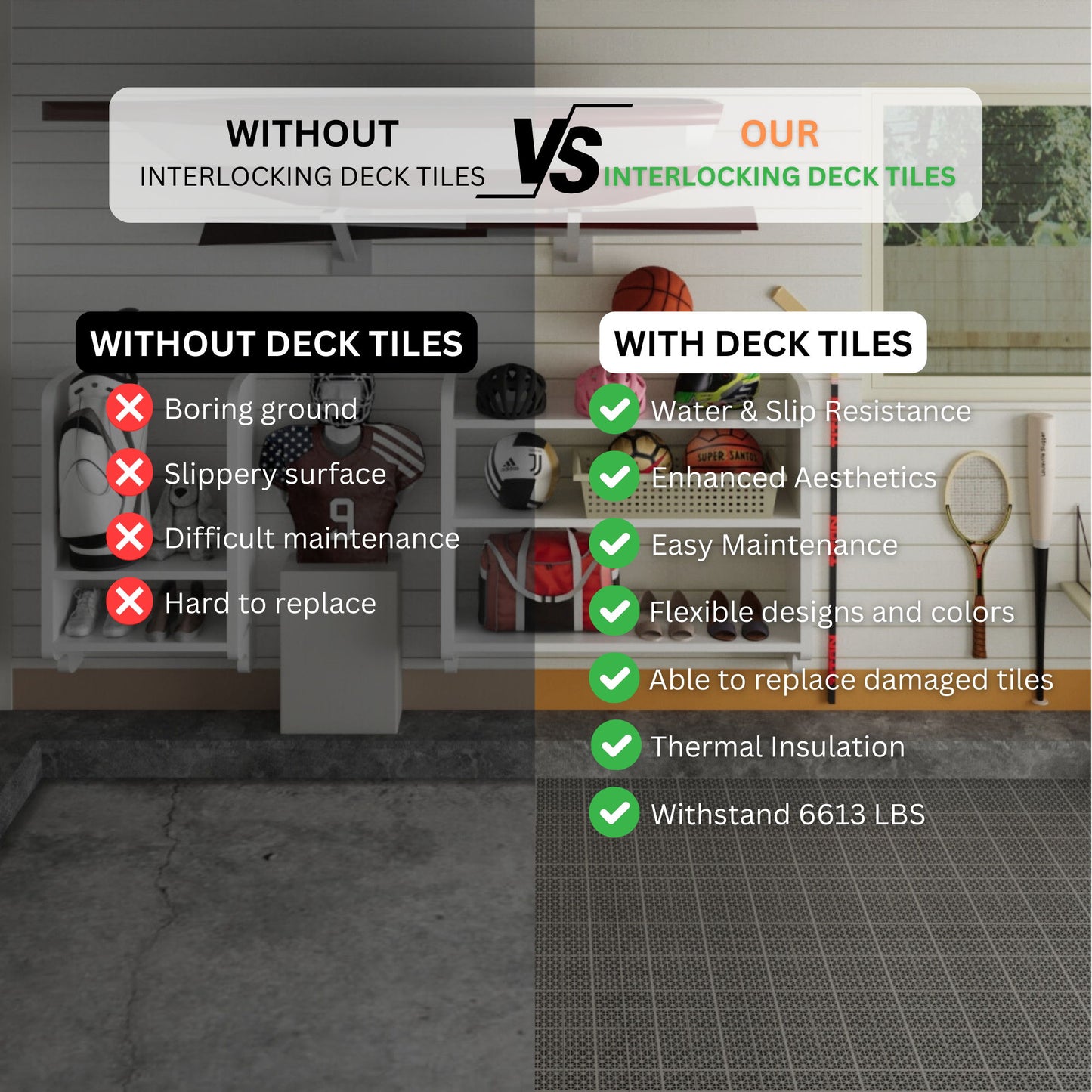 Interlocking Deck Tiles Plastic Waterproof Outdoor All Weather Anti-Slip Bathroom Shower Balcony Porch Strong Weight Capacity Upto 6613 Lbs, Rosette Pattern Pack Of 12 - Gray