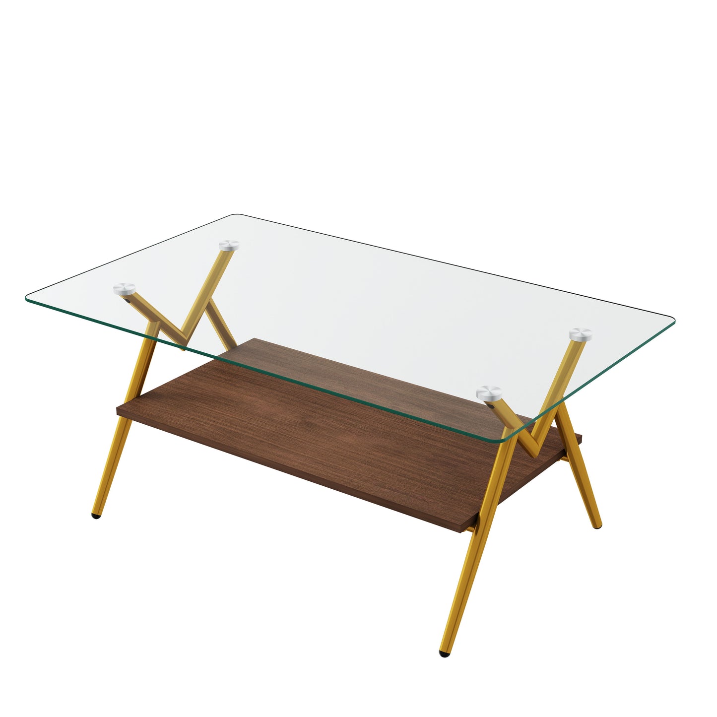Rectangle Coffee Table With Tempered Glass Top And Golden Metal Legs, Modern Table For Living Room, Transparent Glass - Gold / Dark Brown