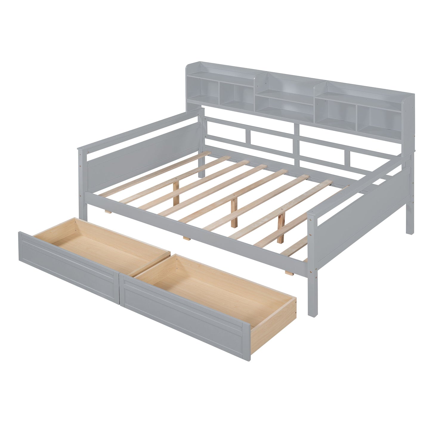 Full Size Daybed, Slat Support, With Bedside Shelf And 2 Drawers - Gray