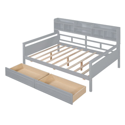 Full Size Daybed, Slat Support, With Bedside Shelf And 2 Drawers - Gray