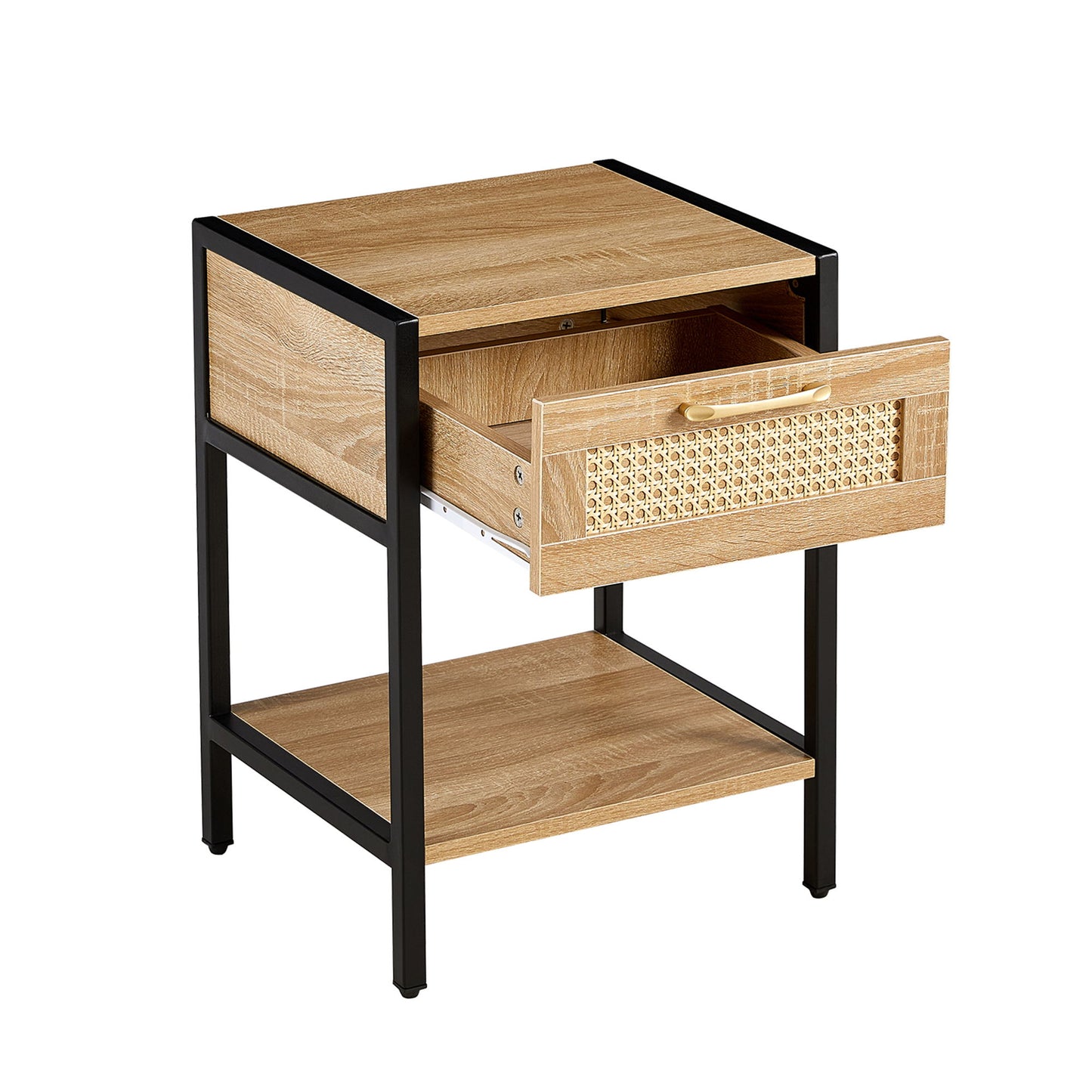 15.74" Rattan End Table With Drawer, Modern Nightstand, Metal Legs, Side Table For Living Room, Bedroom - Natural
