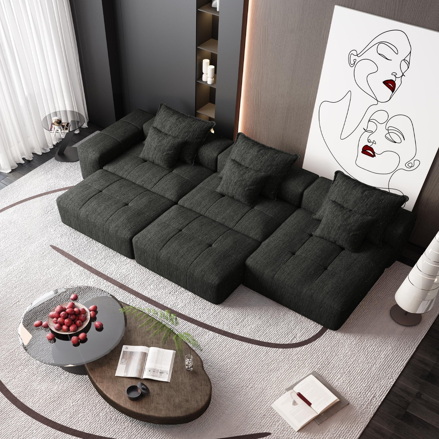 Modern Oversized Modular Sectional Sofa, Sparkling Chenille Fabric Soft Cushion Sofa With 6 Pillows, 6 Pieces Diy Combination Tufted Sofa, No Assembly Required - Black