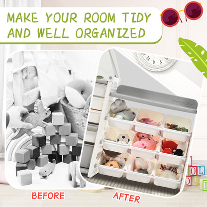 Kids Bookshelf Toy Storage Organizer With 17 Bins And 5 Bookshelves, Multi-Functional Nursery Organizer Kids Furniture Set Toy Storage Cabinet Unit With HDPE SheLF And Bins - Gray