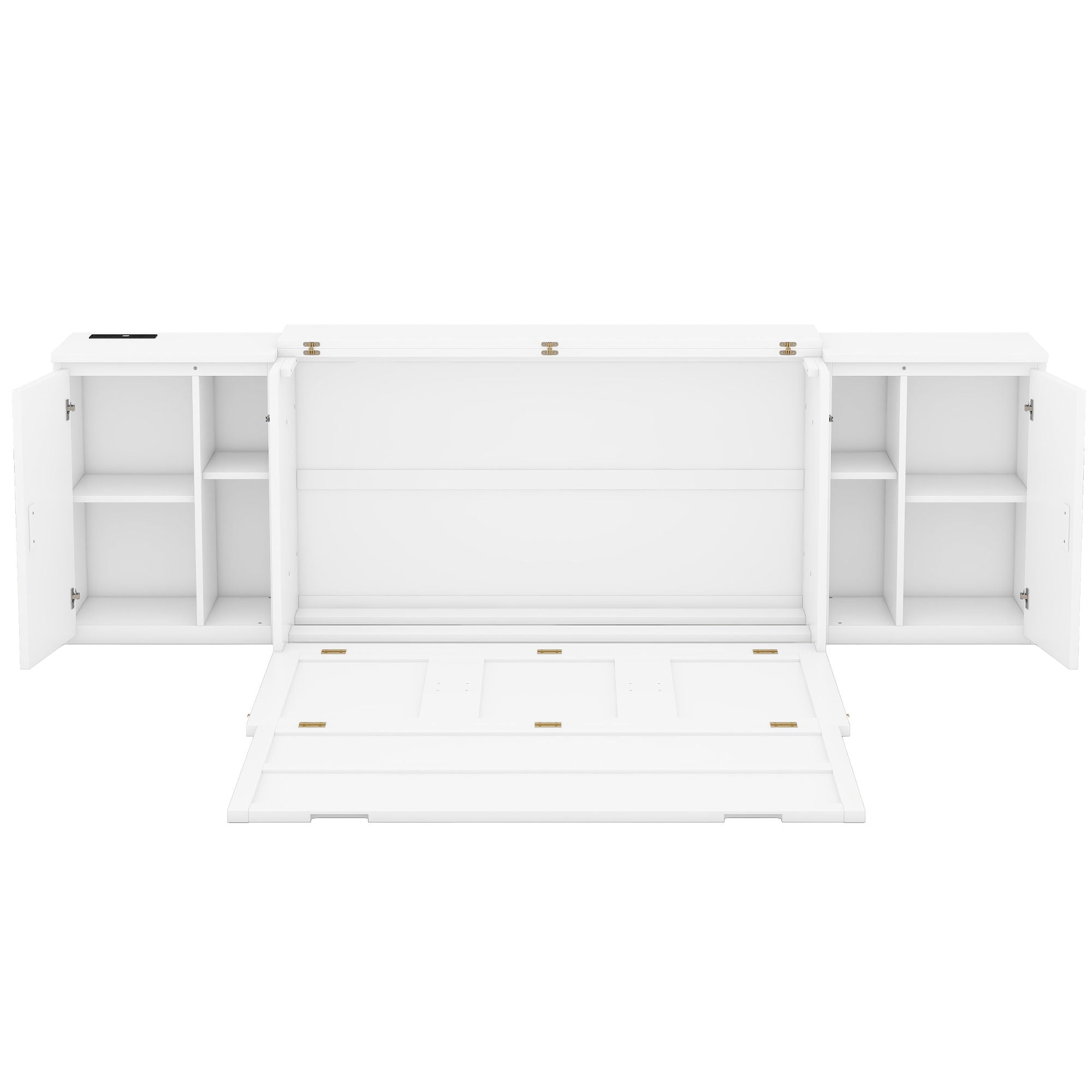 Queen Size Murphy Bed With Shelves, Cabinets And USB Ports - White