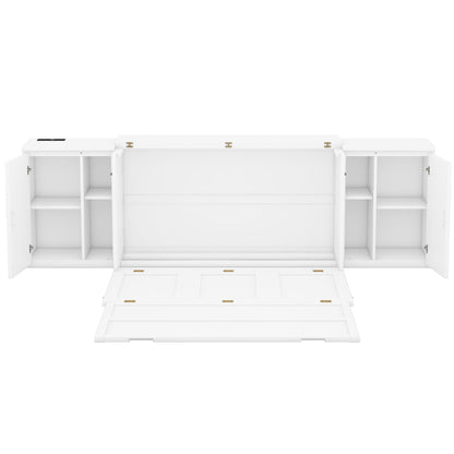 Queen Size Murphy Bed With Shelves, Cabinets And USB Ports - White