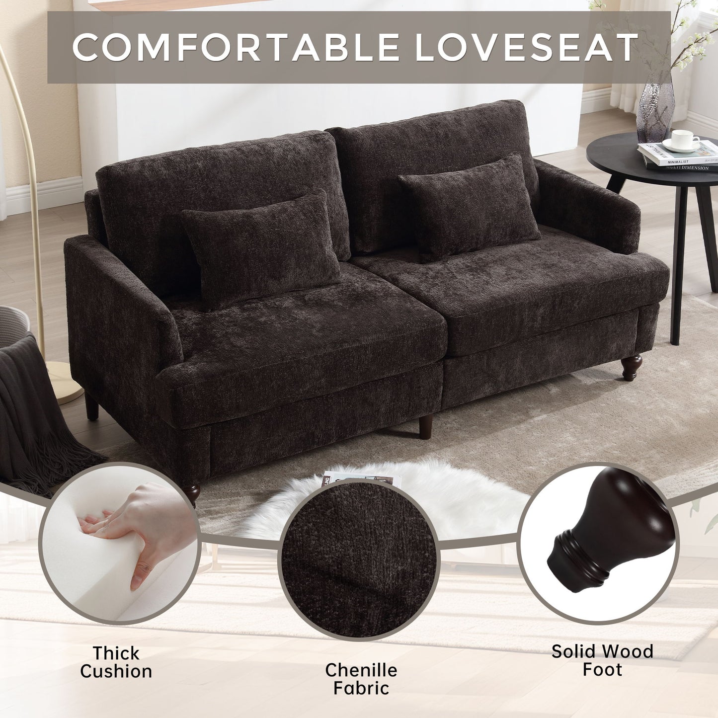 Mid Century Modern Chenille Fabric Loveseat Sofa With Brown Wood Feet, 2 Seat Upholstered Couch For Living Room Or Bedroom - Black