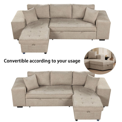 Modern L-Shape 3 Seat Reversible Sectional Couch, Pull Out Sleeper Sofa With Storage Chaise And 2 Stools For Living Room Furniture Set - Cream