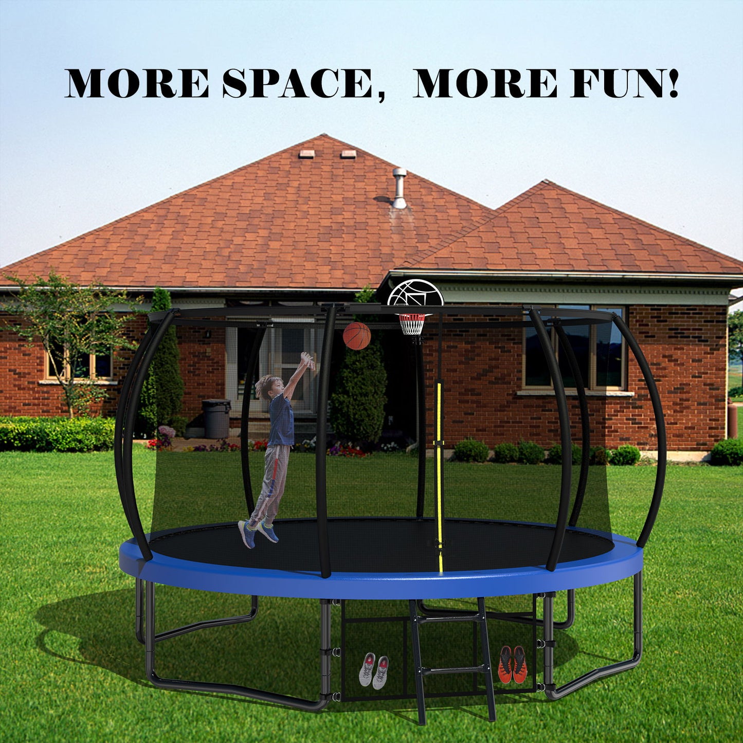 12Ft Recreational Kids Trampoline With Safety Enclosure Net & Ladder, Outdoor Recreational Trampolines - Blue