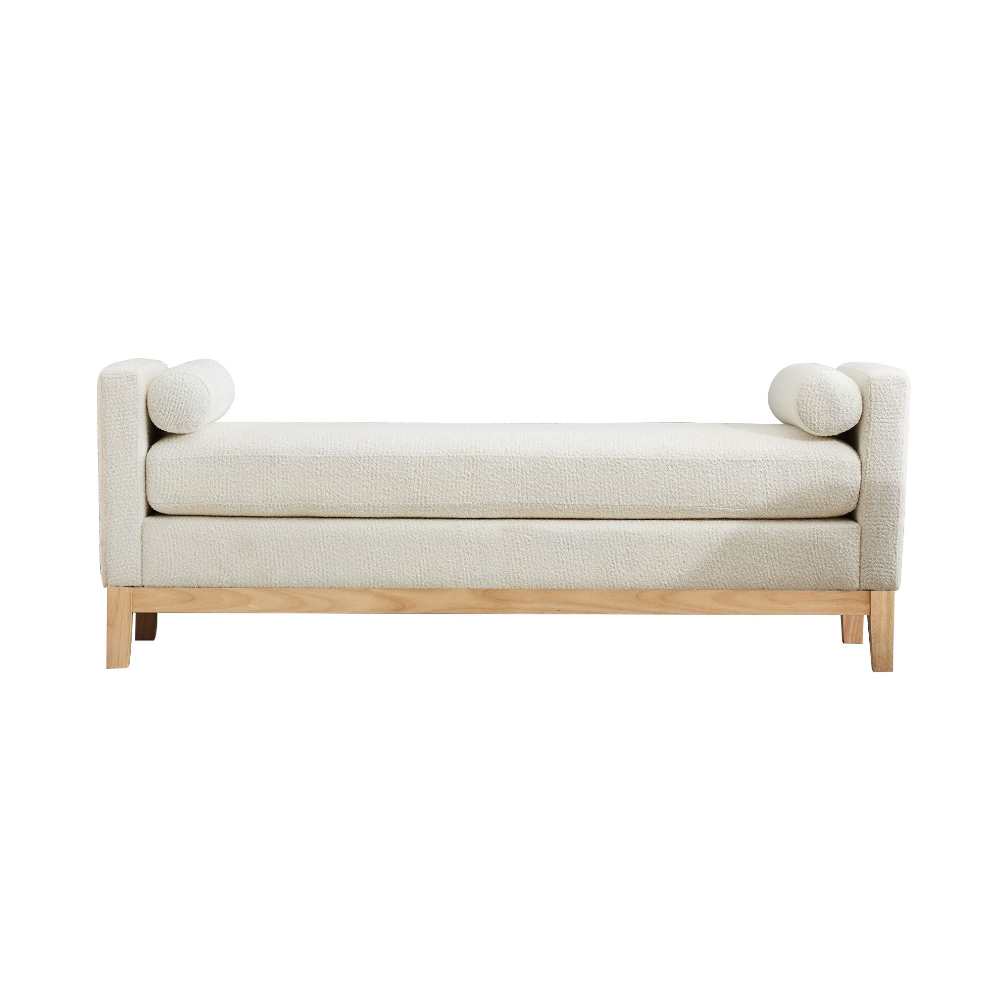 Elegant Upholstered Bench Daybed Ottoman With Nature Wood Legs & Bolster Pillows - Ivory Boucle