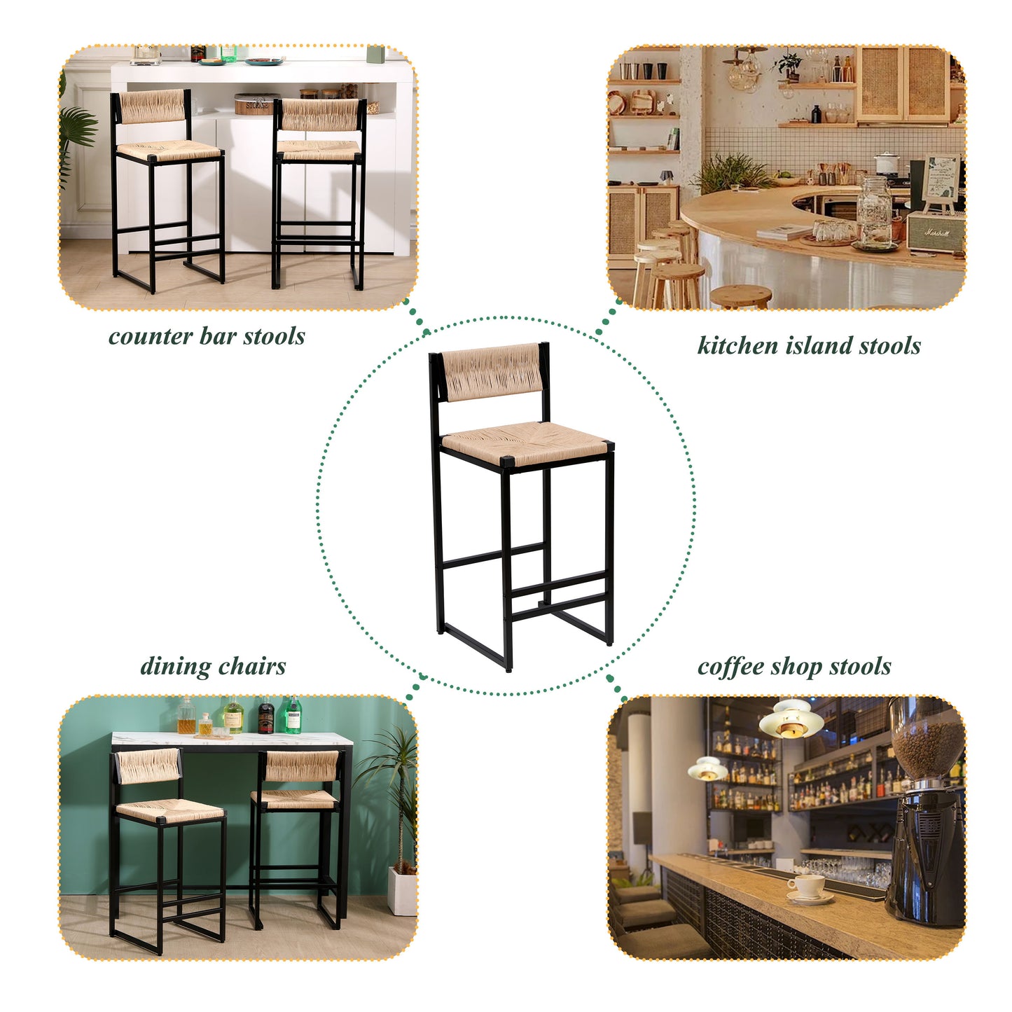 Bar Stools (Set of 2) Paper Rope Weave Dining Chairs With Back Hand Weave Stools For Kichen Island, Bar & Counter - Honey