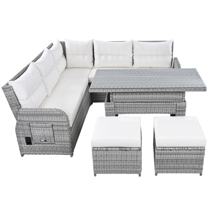 Outdoor Furniture Set Patio Rattan Furniture Set With An Adjustable Table, Recliners With Extendable Side Tables, And 2 Ottomans For Patio, Lawn, Backyard, Pool - Beige