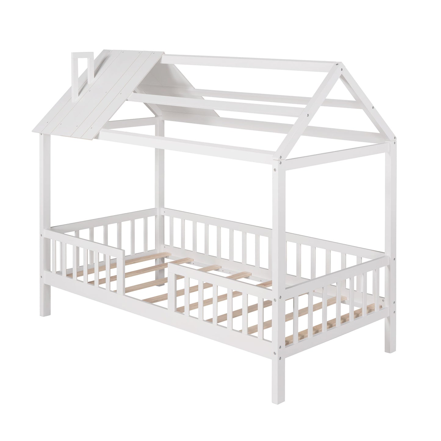 Twin Size House Bed With Fence - White