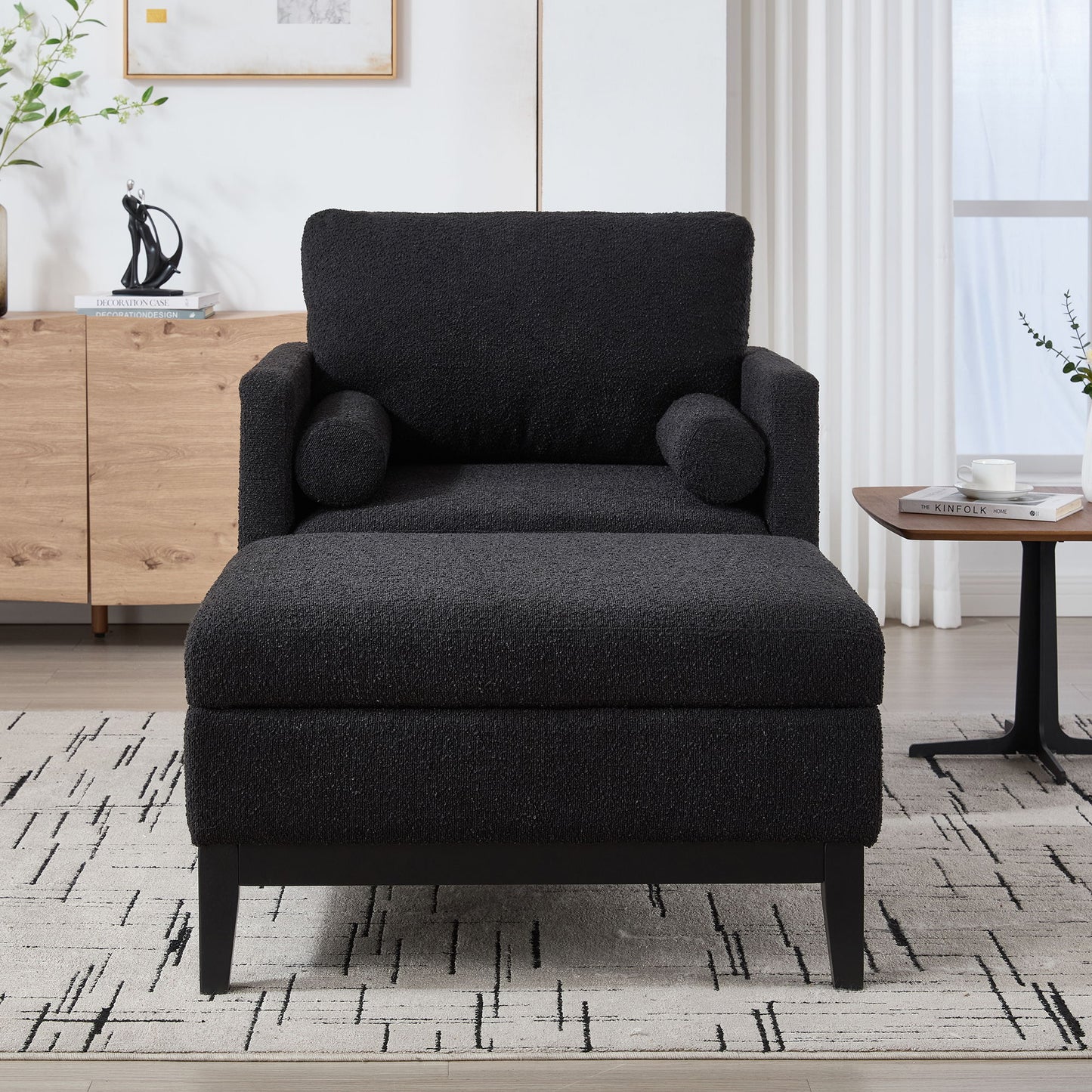 Farmhouse Upholstered Accent Chair With Ottoman Wood Base, Reversible Lid Coffee Table For Living Room Or Office - Black