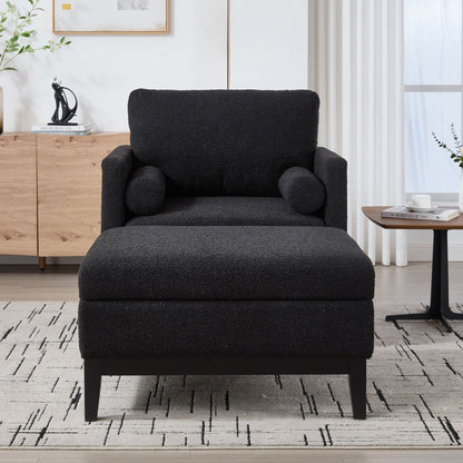 Farmhouse Upholstered Accent Chair With Ottoman Wood Base, Reversible Lid Coffee Table For Living Room Or Office - Black