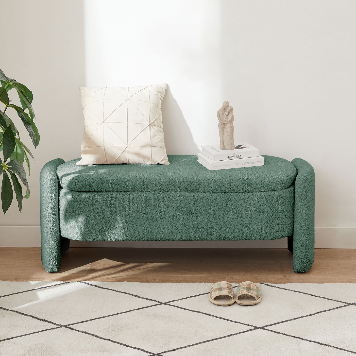 Ottoman Oval Storage Bench, 3D Lamb Fleece Bench With Large Storage Space For The Living Room, Entryway And Bedroom - Green