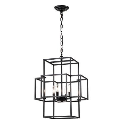 4 Light Metal Lantern Tiered Pendant Hanging Light Fixtures, Industrial Farmhouse Adjustable Height Chandeliers For Dining Room Hallway Foyer Entryway (E12 Bulbs Not Included) - Matte Black
