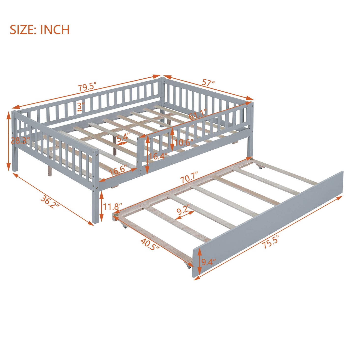 Full Size Daybed With Trundle And Fence Guardrails - Gray