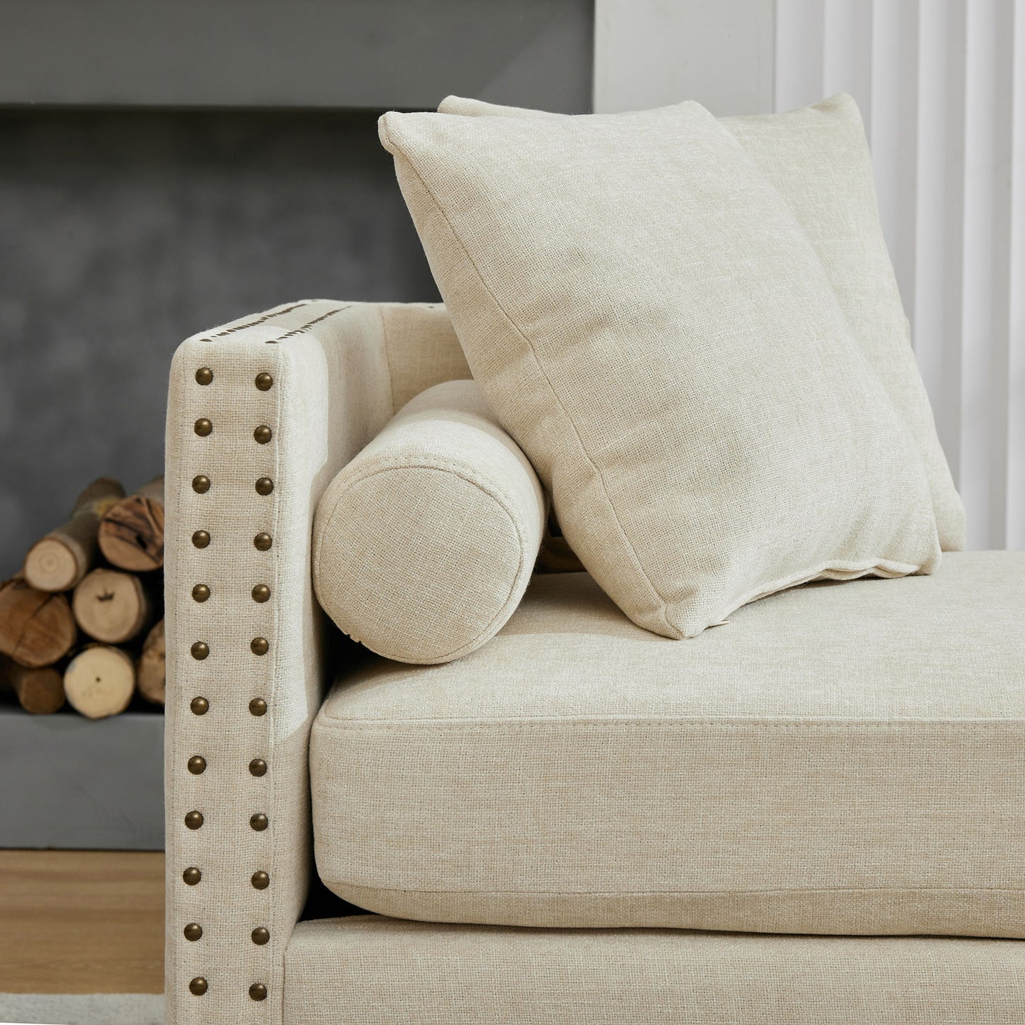 Chenille Upholstered Chaise Lounge With Nailheads, Sleeper Sofa Couch With 4 Throw Pillows & 2 Bolsters, Daybed With Rubberwood Legs - Beige