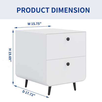 Modern Night Stand Storage Cabinet For Living Room Bedroom, Steel Cabinet With 2 Drawers, Bedside Furniture, Circular Handle - White