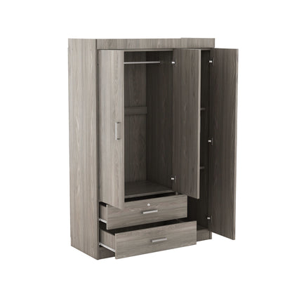 3 Door Wardrobe With 2 Drawers, Grain Effect - Gray