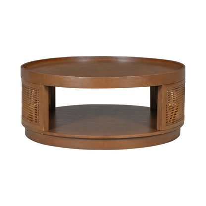 Wooden Mid-Century Modern Coffee Table, Round Cane Coffee Table With Side For Living Room - Brown
