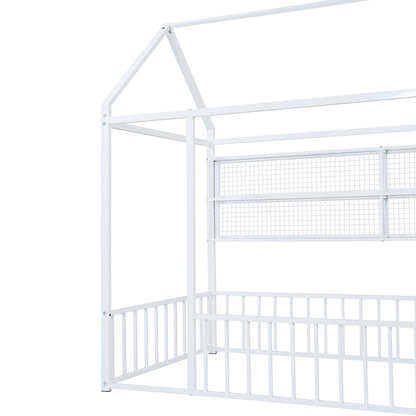 Twin Size Bed House Frame With Fence And Shelves - White