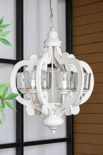 Farmhouse Chandelier, 6 Light Wood Chandelier Pendant Light Fixture With Adjustable Chain For Dining Room Living Room Entryway, Bulb Not Included - Cream
