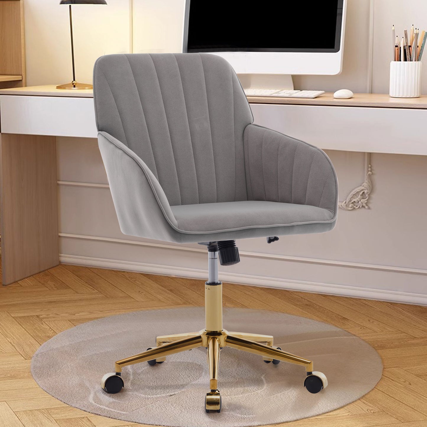 Adjustable Office Chair, Ergonomic Swivel Chair Velvet, Comfortable For Long Sitting - Gray