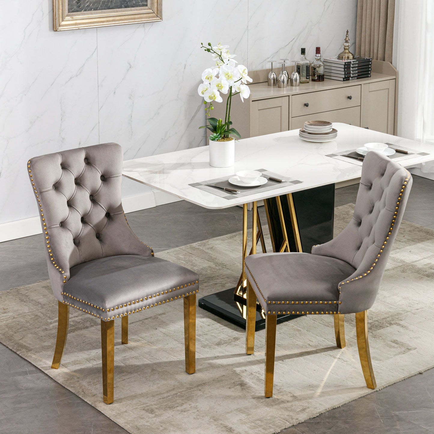 Nikki - Modern, High-End Tufted Solid Wood Contemporary Velvet Upholstered Dining Chair With Golden Stainless Steel Plating Legs, Nailhead Trim (Set of 2) - Gray / Gold