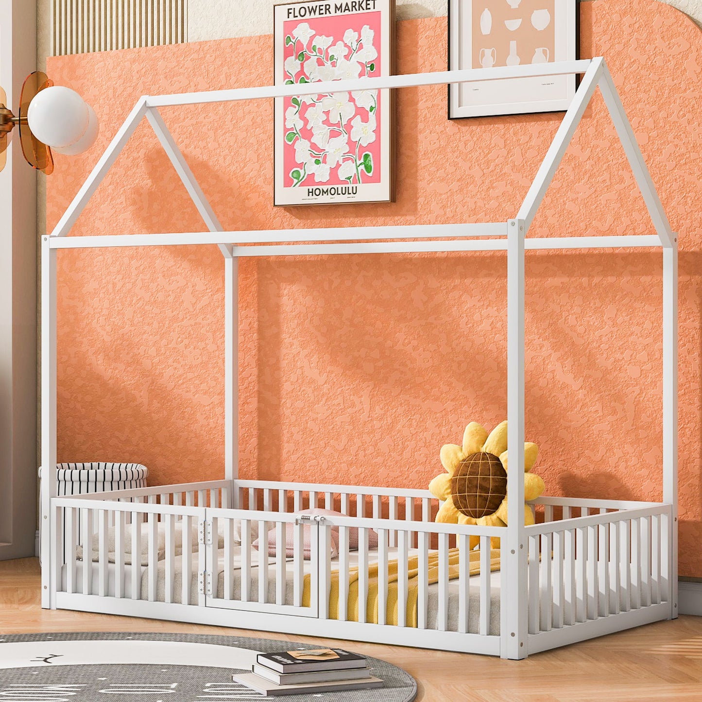 House Bed With Fence And Door - White