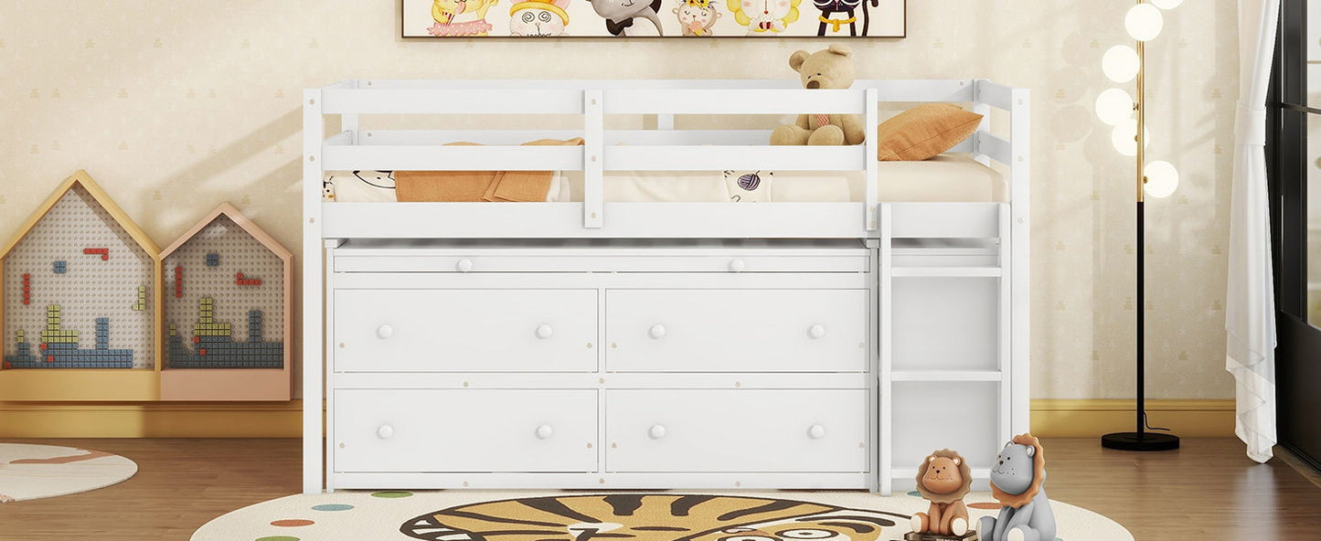 Twin Size Loft Bed With Retractable Writing Desk And 4 Drawers, With Lateral Portable Desk And Shelves - White
