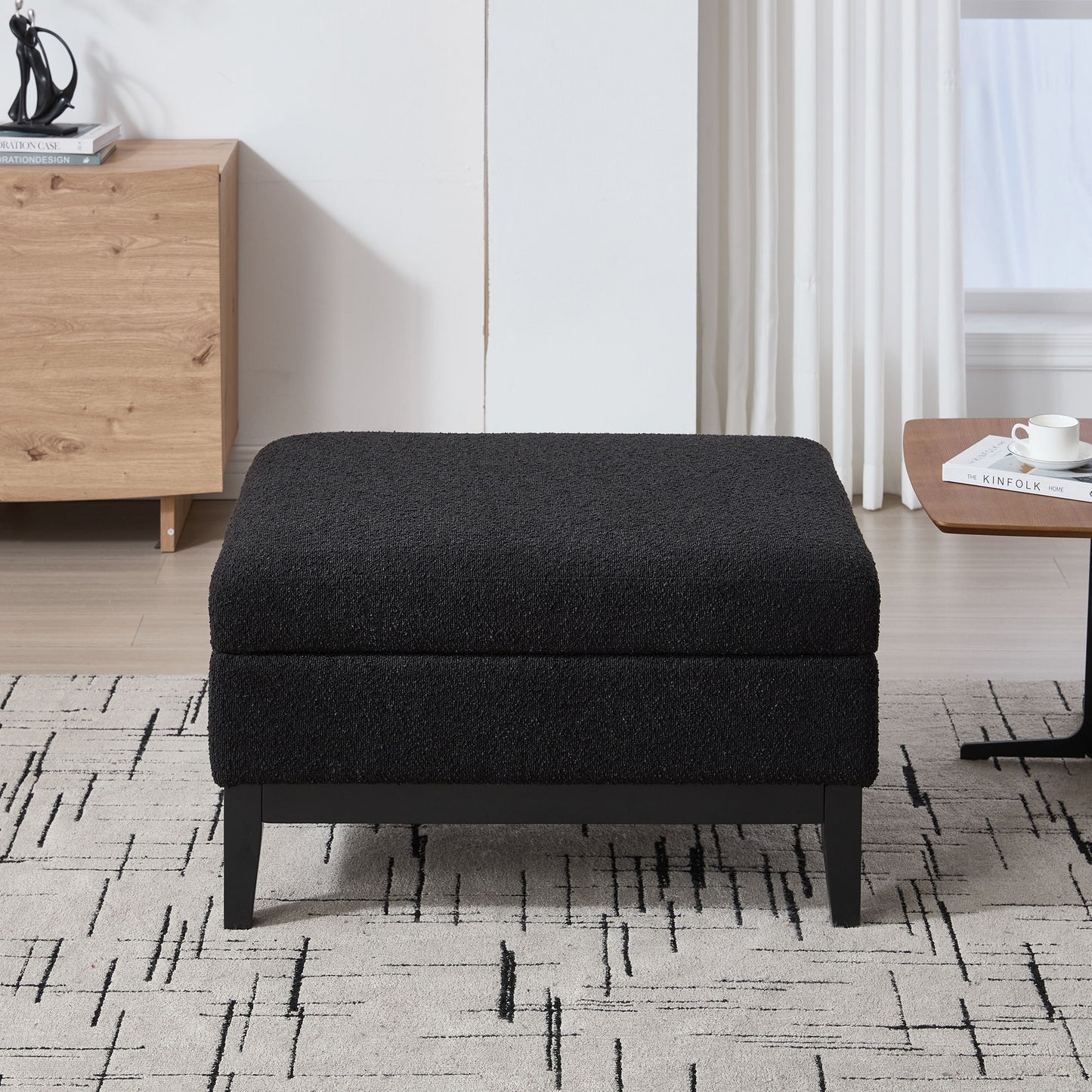 Upholstered Wood Base Storage Ottoman With Reversible Lid Coffee Table, Foot Stool Square Footrest With Rubberwood Legs For Living Room Bedroom Entryway And Office - Black