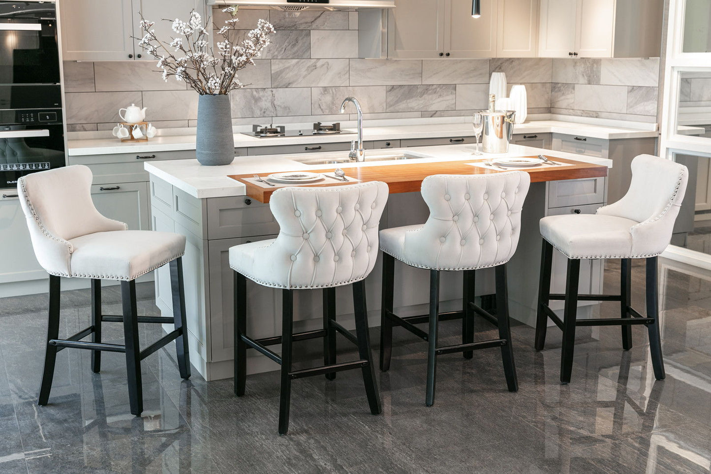 Contemporary Velvet Upholstered Wing-Back Barstools With Button Tufted Decoration And Wooden Legs, And Chrome Nailhead Trim, Leisure Style Bar Chairs, Bar Stools (Set of 4) - Beige