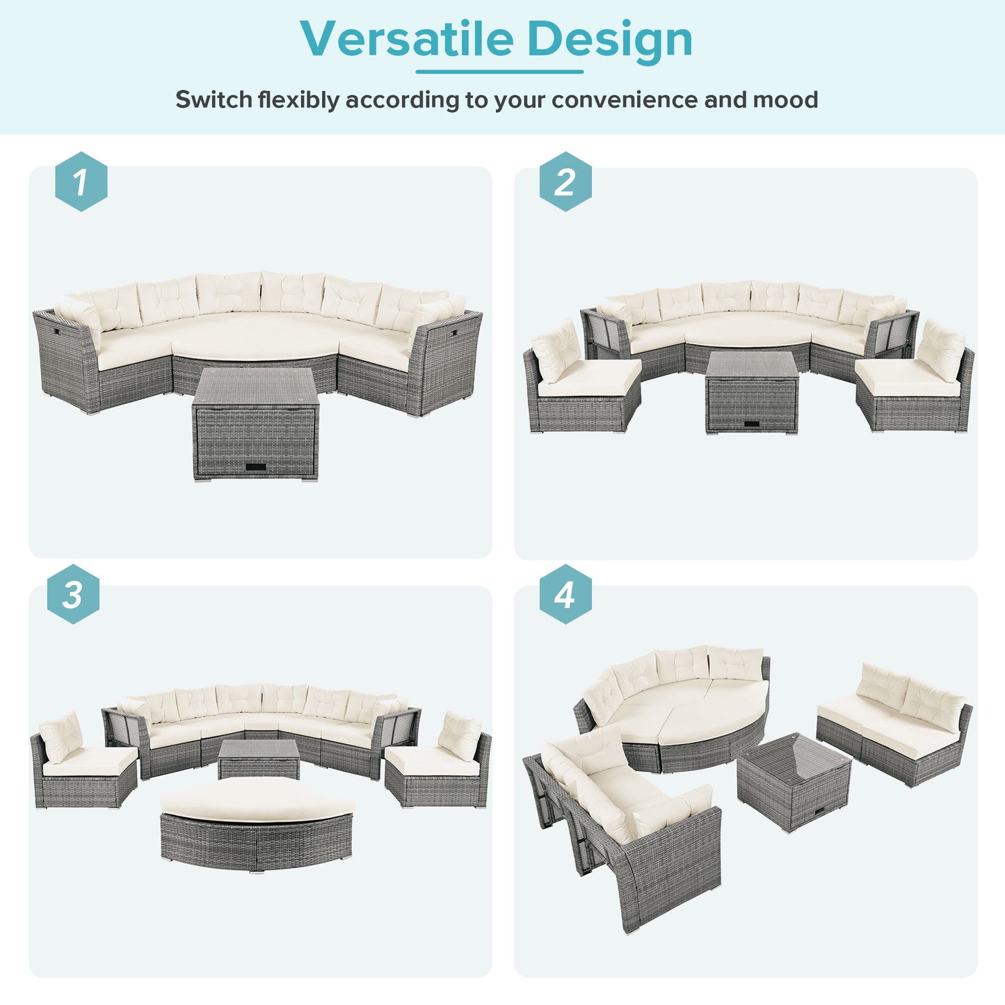 Patio Furniture Set Outdoor Daybed Rattan Sectional With Cushions And Center Table - Beige