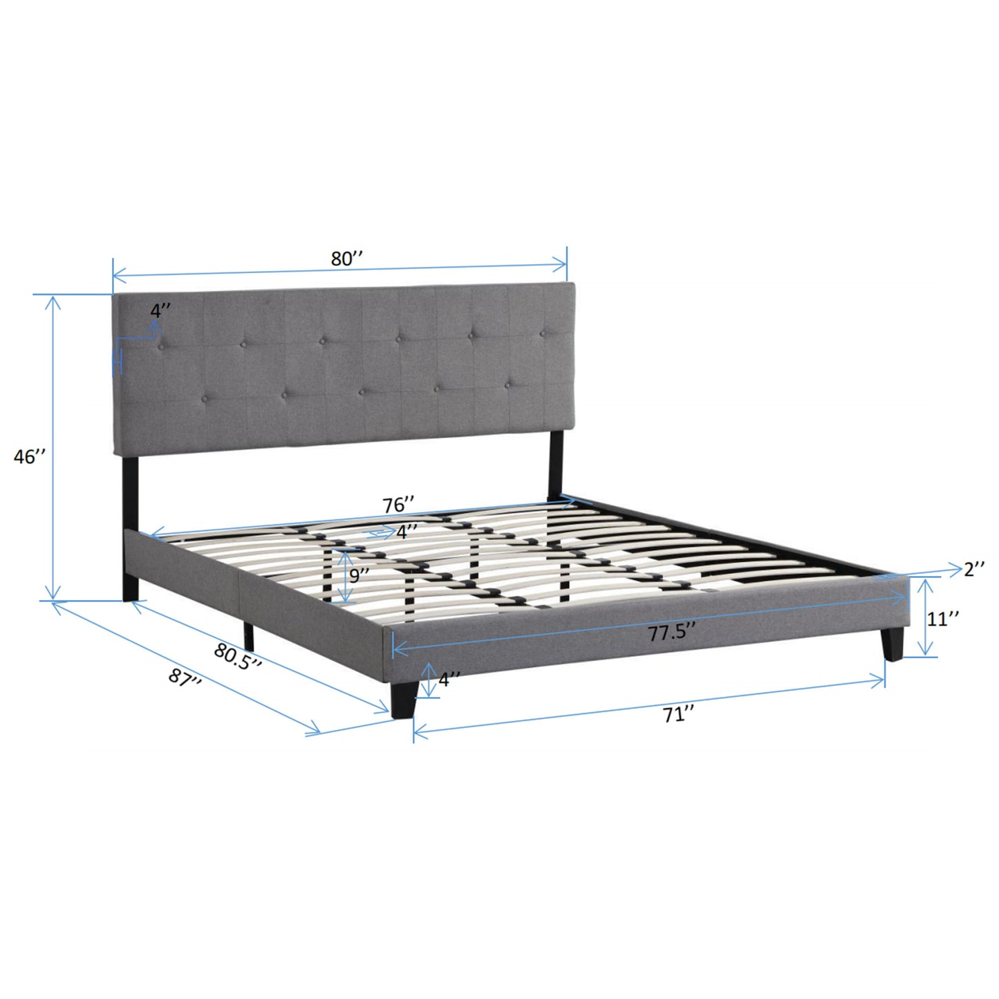 King Size Contemporary Upholstered Platform Bed Frame With Button Tufted Linen Fabric Headboard, Wood Slat Support - Gray