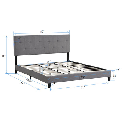 King Size Contemporary Upholstered Platform Bed Frame With Button Tufted Linen Fabric Headboard, Wood Slat Support - Gray