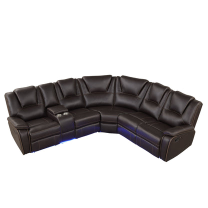 Modern Faux Leather Manual Reclining With Center Console And LED Light Strip, Living Room Furniture Set, Symmetrical Couch With 2 Cup Holders And Storage For Living Room - Brown