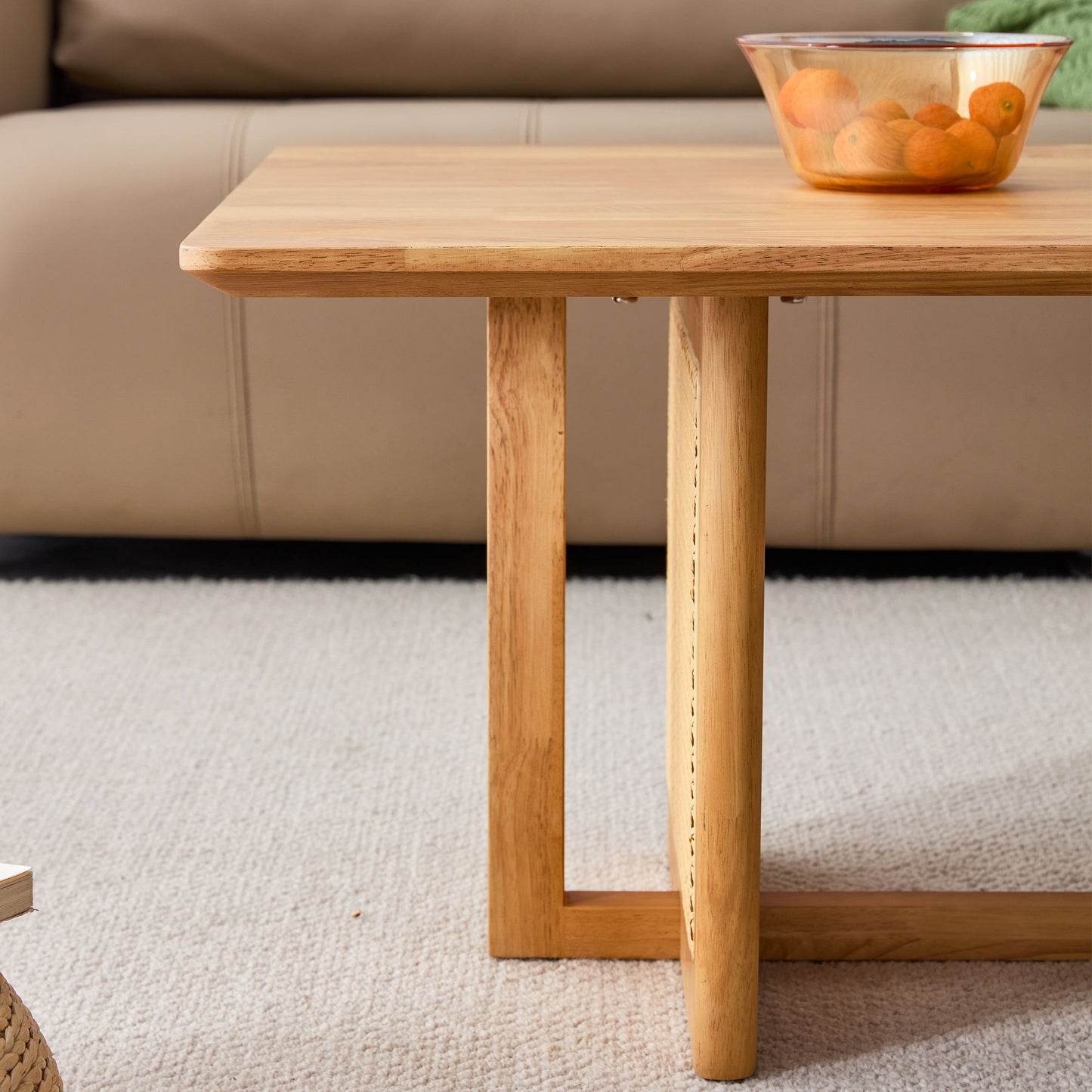 Rubber Wood And Solid Wood Coffee Table Modern Minimalist Rattan Weaving Design, Living Room Balcony, Multifunctional Small Sized Furniture - Natural