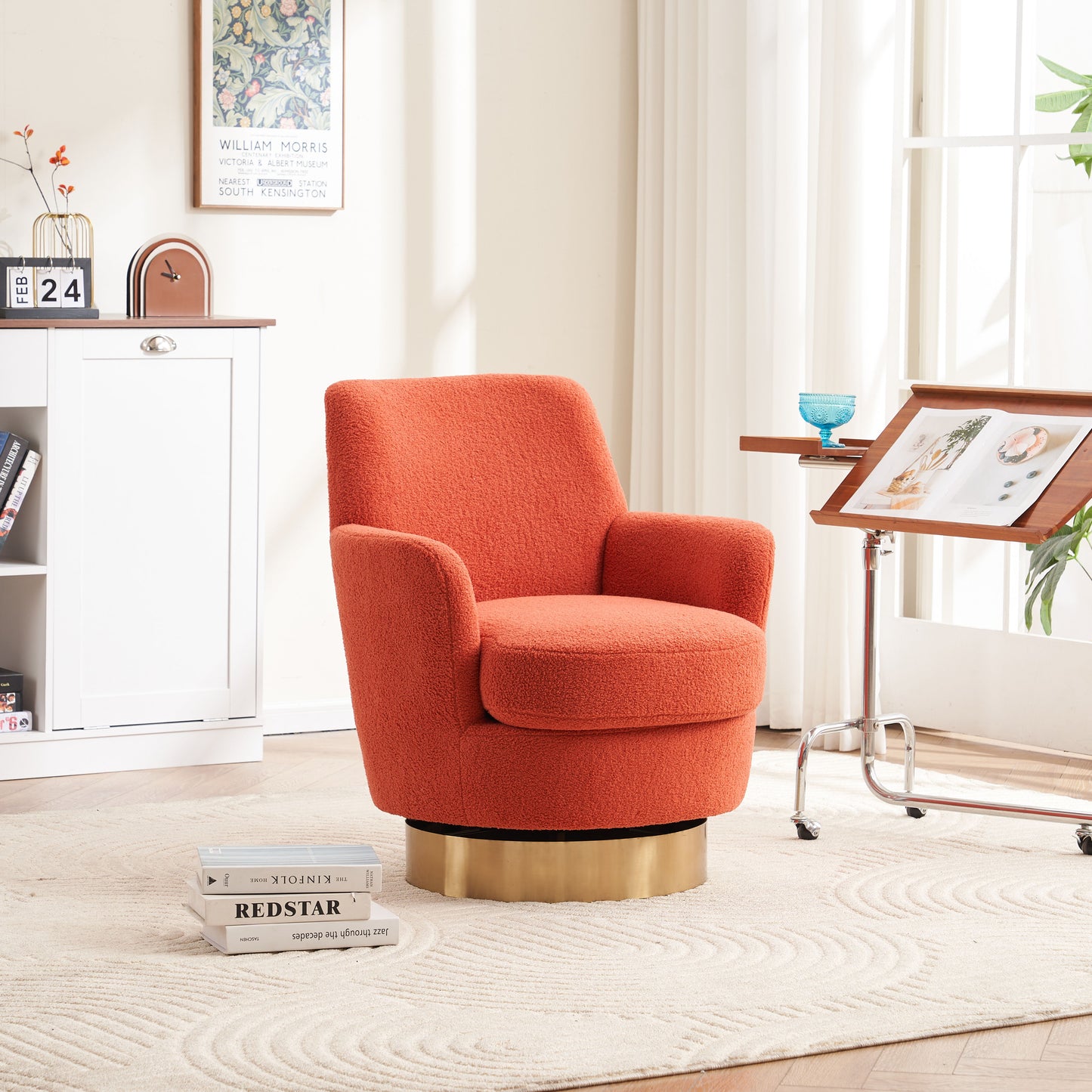Teddy Swivel Barrel Chair, Swivel Accent Chairs Armchair For Living Room, Reading Chairs For Bedroom Comfy, Round Barrel Chairs With Gold Stainless Steel Base - Orange
