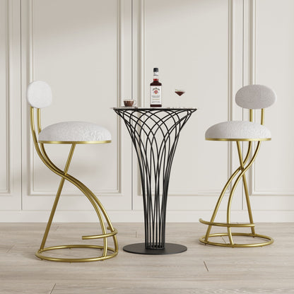 Modern S Shaped Bar Stools (Set of 2) With Backrest Floral Print Upholstered Dining Chairs Counter Height For Kitchen Island - Gold & White Print