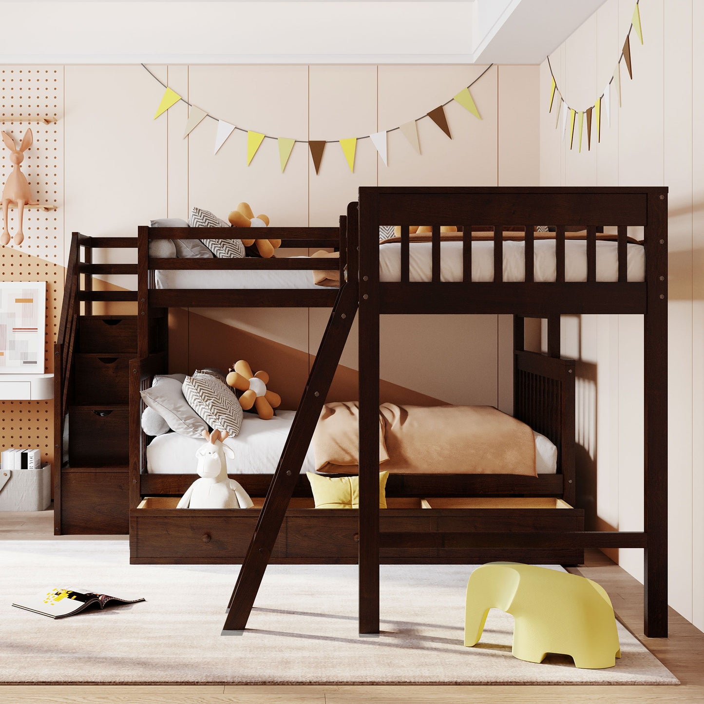 Twin Over Full L Shaped Bunk Bed With 3 Drawers, Ladder And Staircase - Espresso